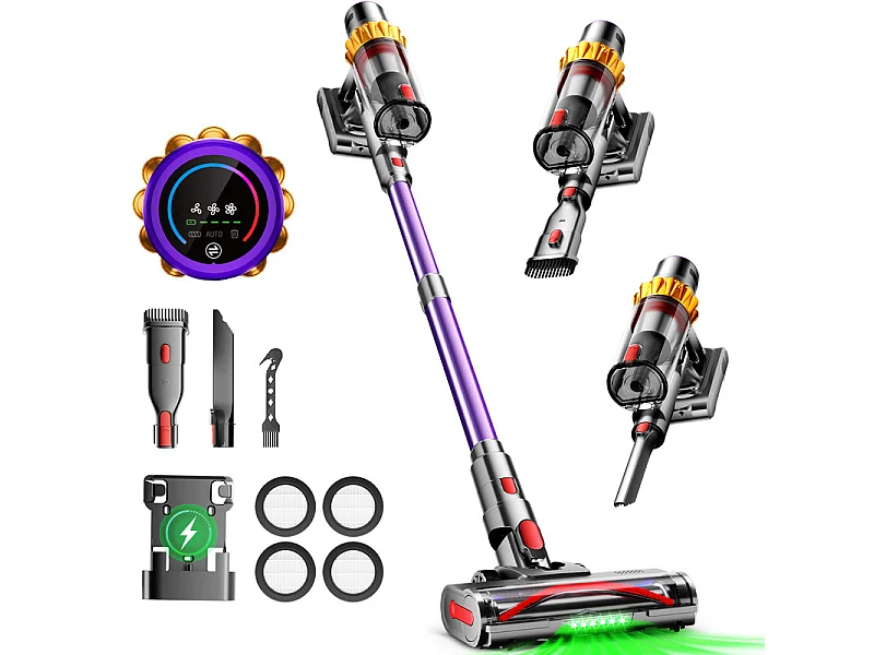 Hiazurm Aspirateur Balai Sans Fil - 80000 Pa - 3 Modes d’Aspiration - Affichage LED - 20-70 Min d’Autonomie - 1,8 L - Avec Brosse pour Meubles - 750W