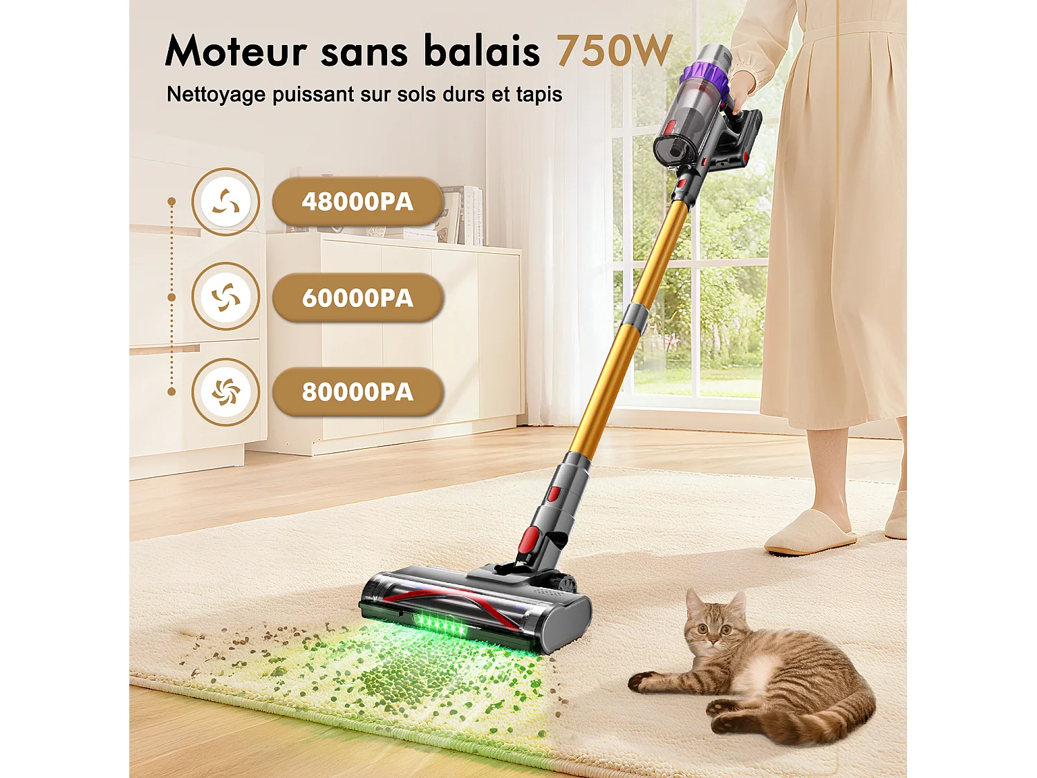 Hiazurm Aspirateur Balai Sans Fil - 80000 Pa - 3 Modes d’Aspiration - Affichage LED - 20-70 Min d’Autonomie - 1,8 L - Avec Brosse pour Meubles - 750W
