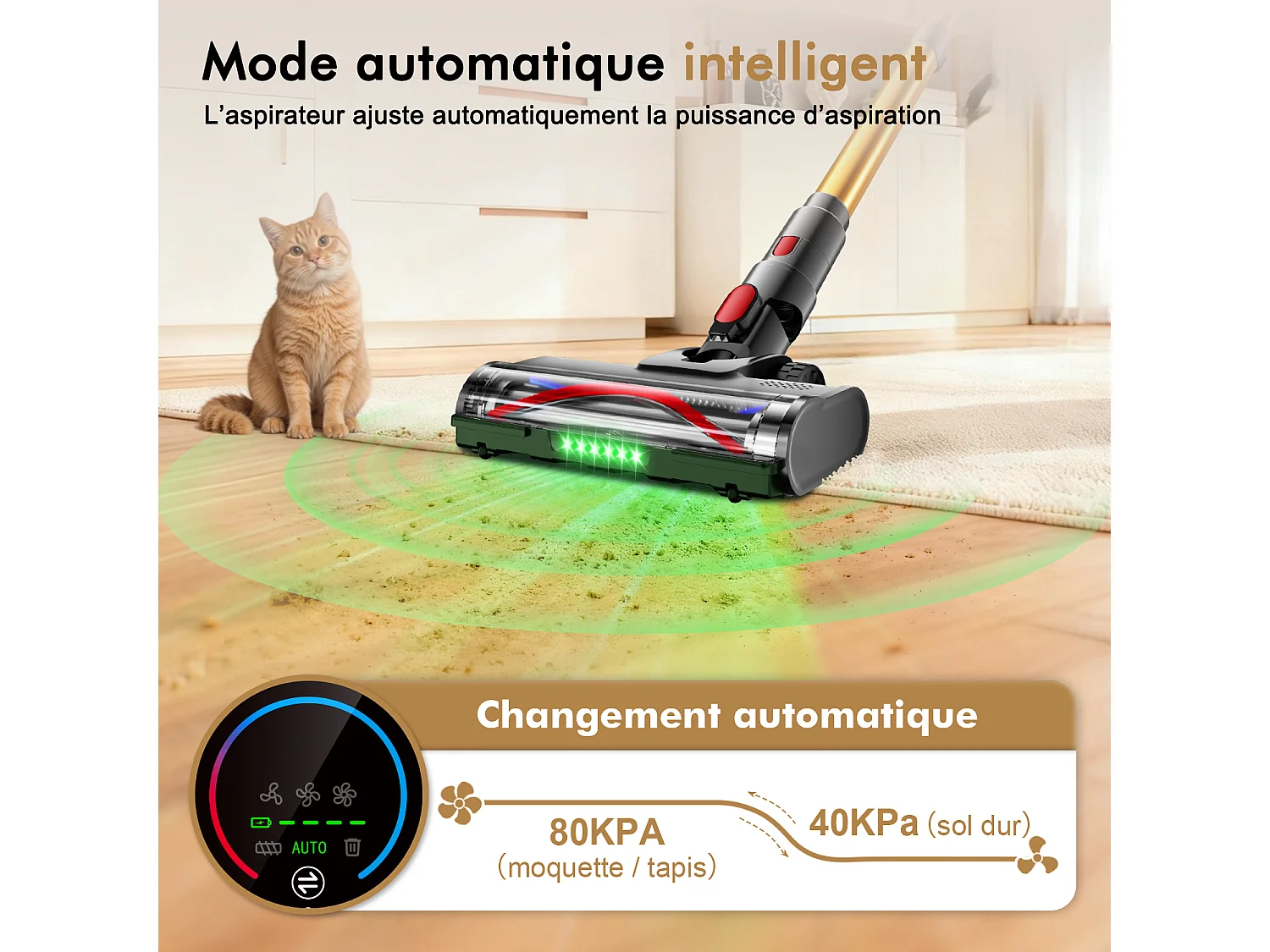 Hiazurm Aspirateur Balai Sans Fil - 80000 Pa - 3 Modes d’Aspiration - Affichage LED - 20-70 Min d’Autonomie - 1,8 L - Avec Brosse pour Meubles - 750W