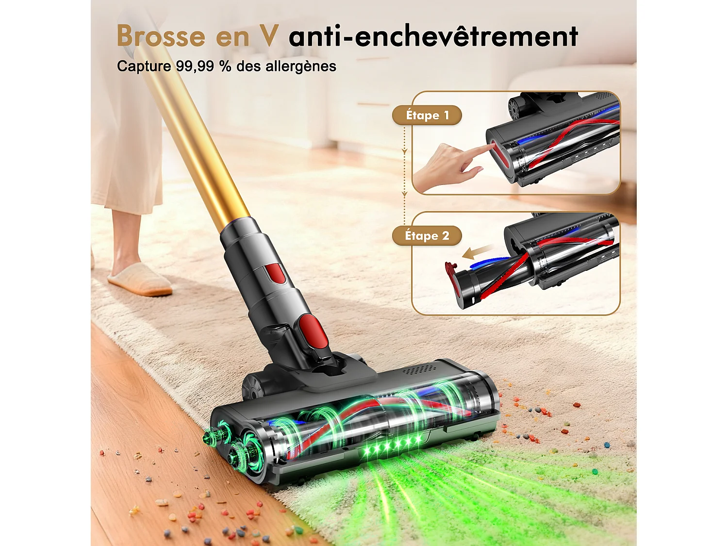 Hiazurm Aspirateur Balai Sans Fil - 80000 Pa - 3 Modes d’Aspiration - Affichage LED - 20-70 Min d’Autonomie - 1,8 L - Avec Brosse pour Meubles - 750W