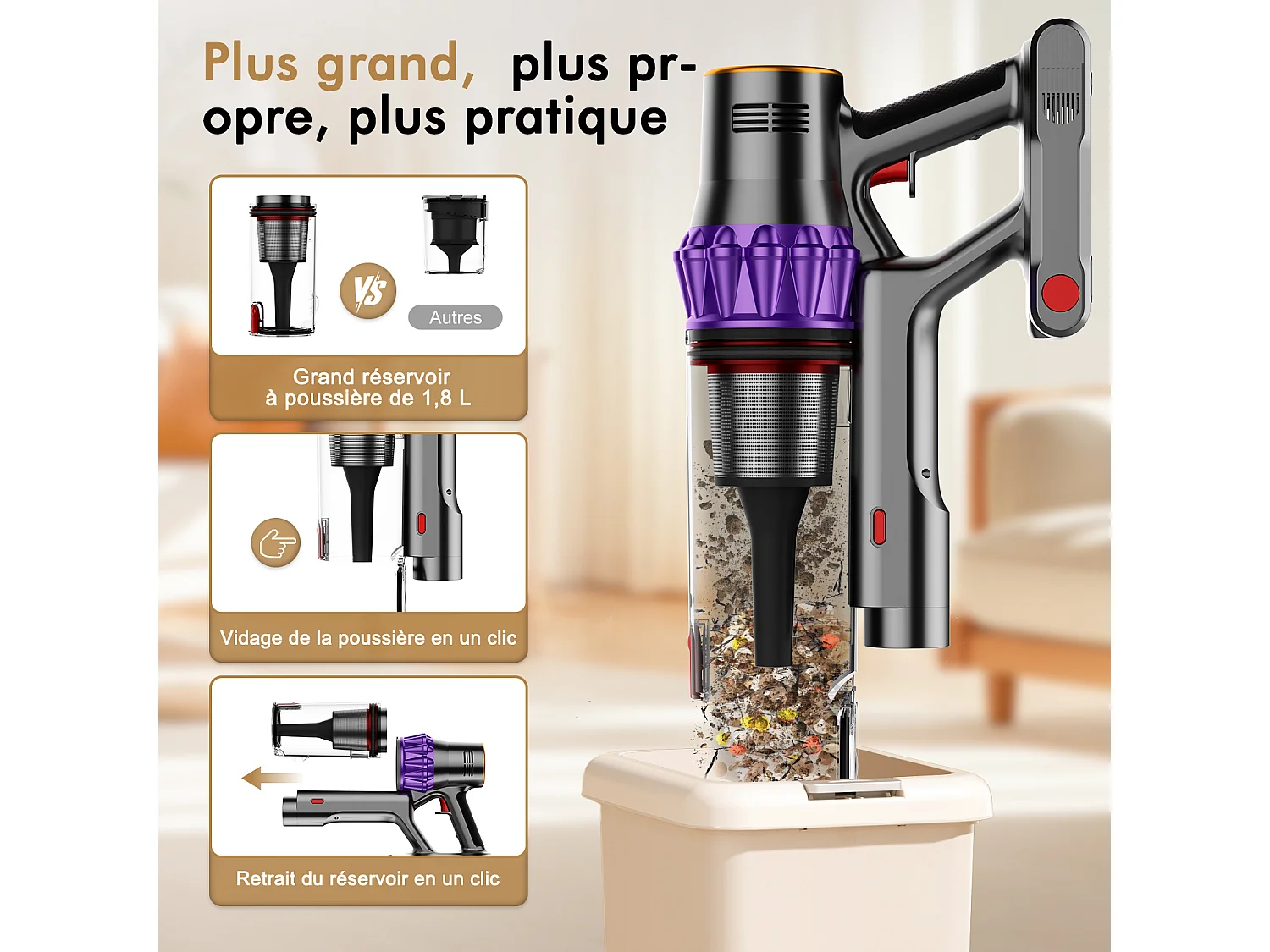 Hiazurm Aspirateur Balai Sans Fil - 80000 Pa - 3 Modes d’Aspiration - Affichage LED - 20-70 Min d’Autonomie - 1,8 L - Avec Brosse pour Meubles - 750W