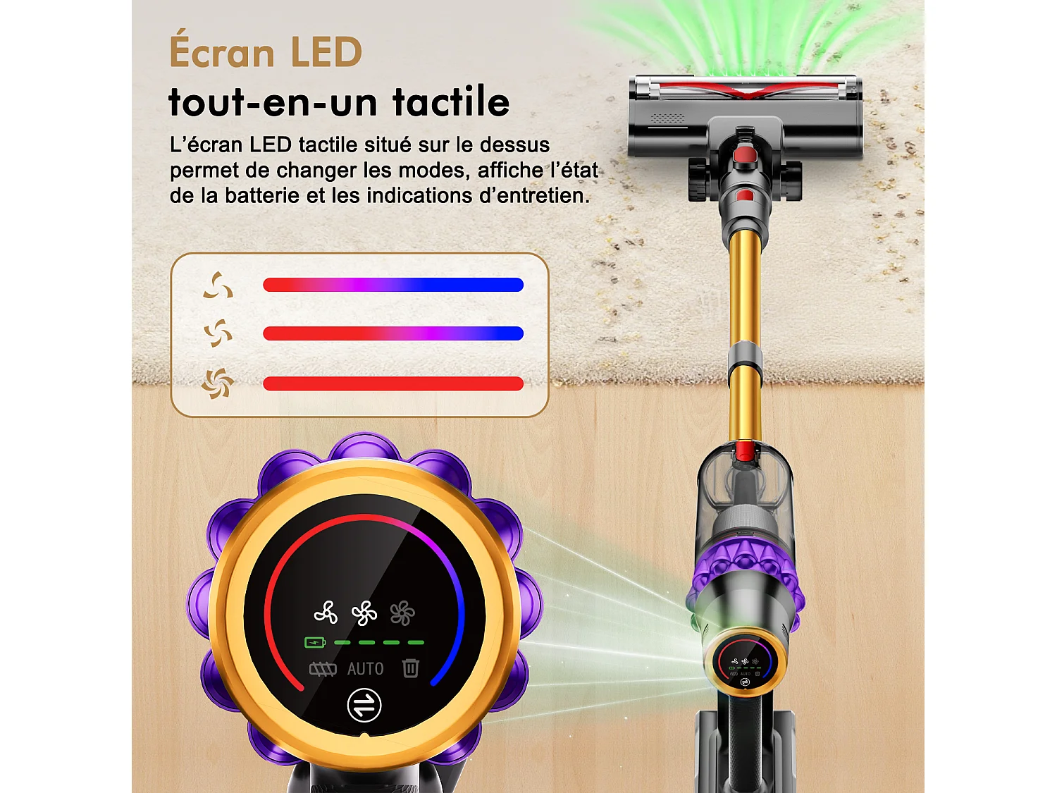 Hiazurm Aspirateur Balai Sans Fil - 80000 Pa - 3 Modes d’Aspiration - Affichage LED - 20-70 Min d’Autonomie - 1,8 L - Avec Brosse pour Meubles - 750W