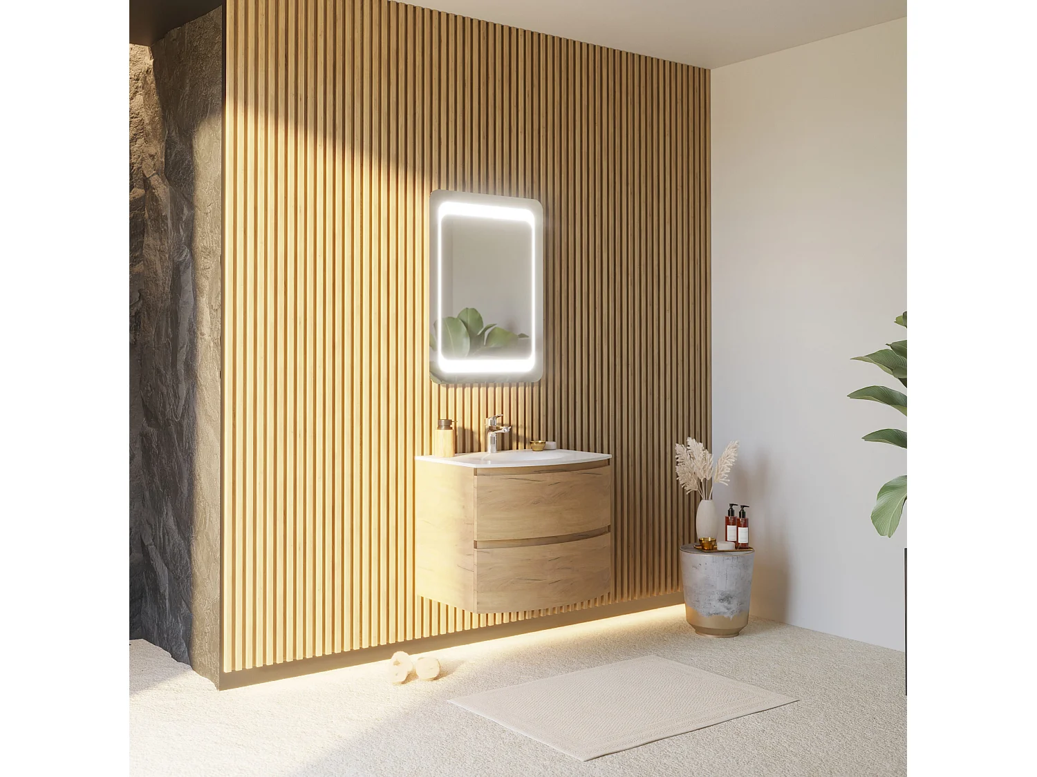 Meuble Salle De Bain Mural Courbe 70Cm Chêne Miel Avec Vasque En Résine | Los Angeles