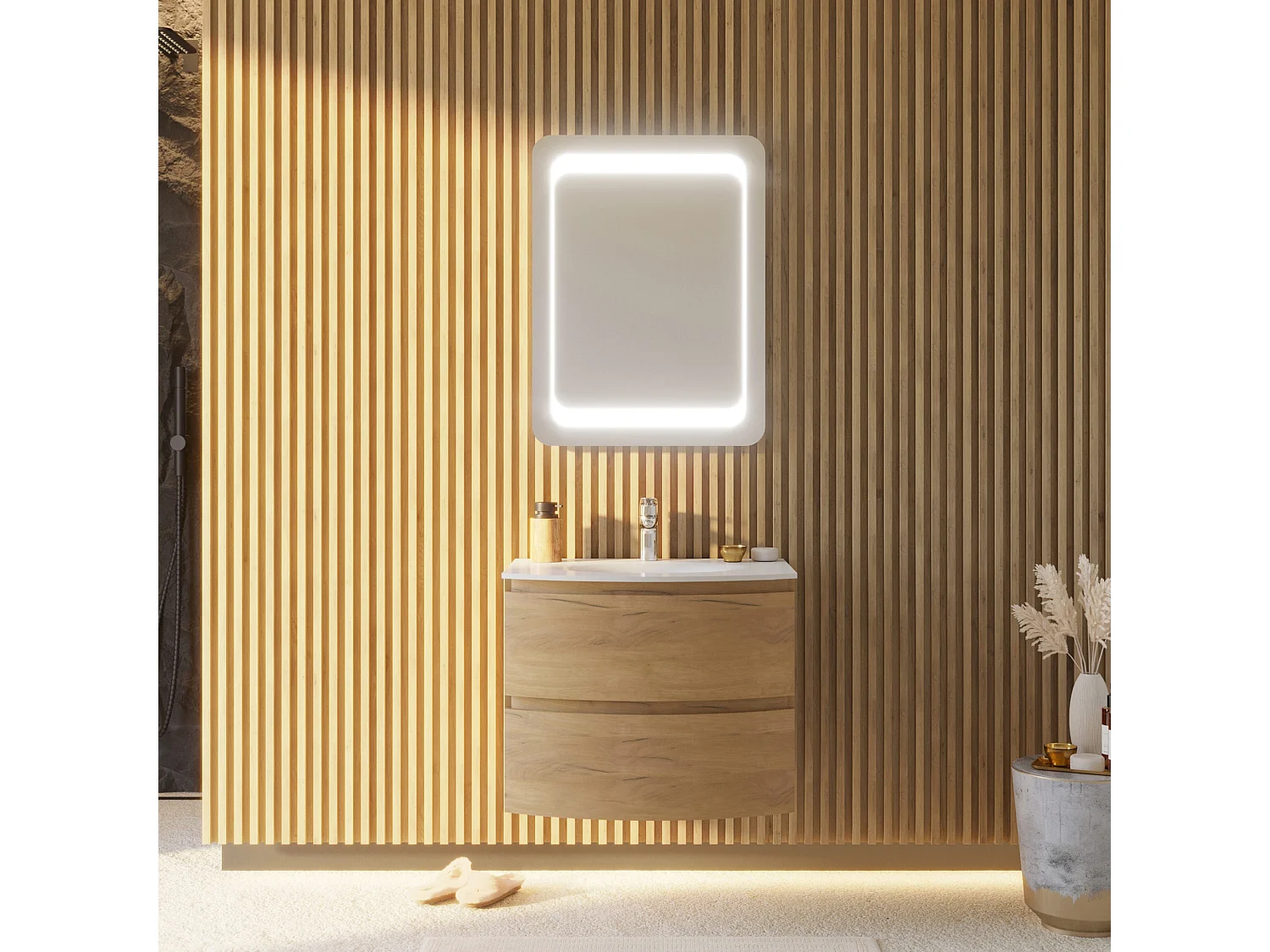 Meuble Salle De Bain Mural Courbe 70Cm Chêne Miel Avec Vasque En Résine | Los Angeles