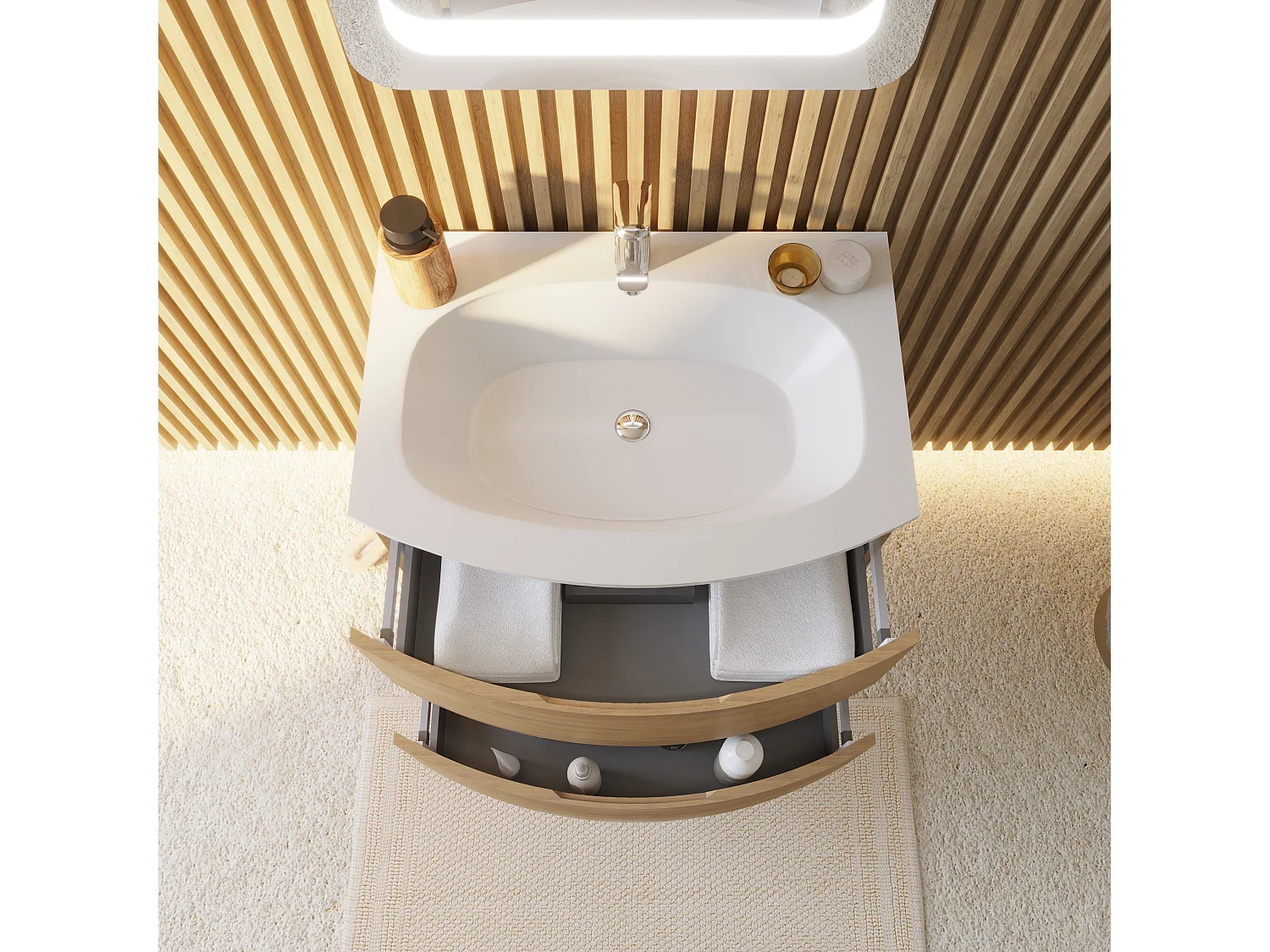 Meuble Salle De Bain Mural Courbe 70Cm Chêne Miel Avec Vasque En Résine | Los Angeles