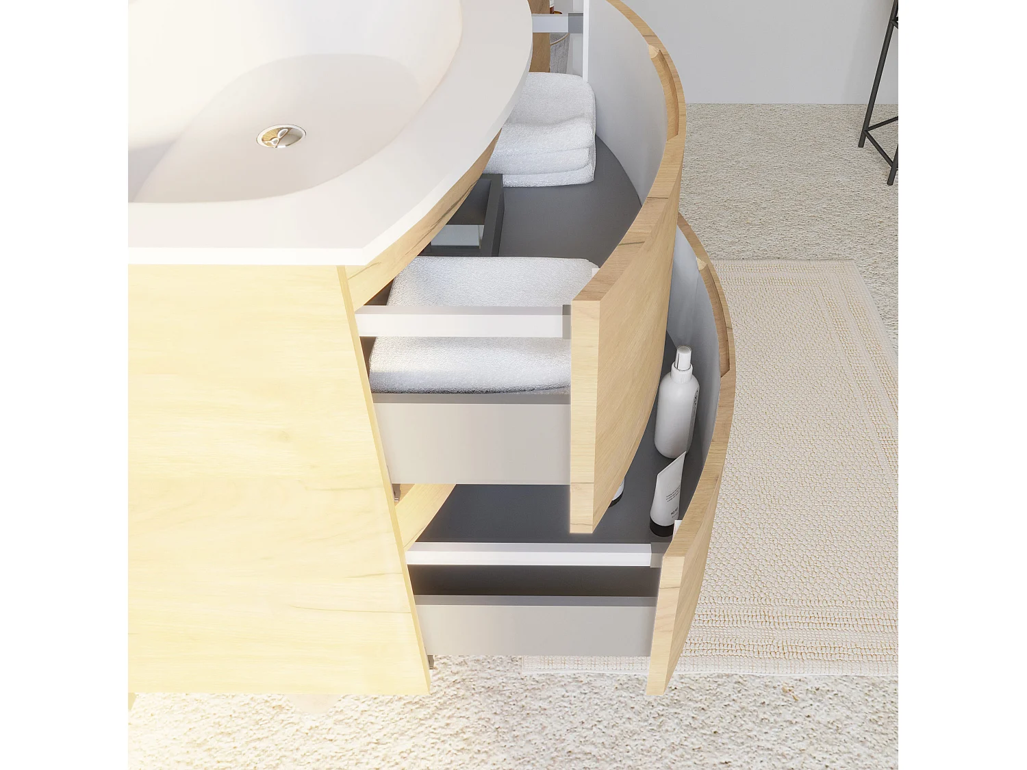 Meuble Salle De Bain Mural Courbe 70Cm Chêne Miel Avec Vasque En Résine | Los Angeles