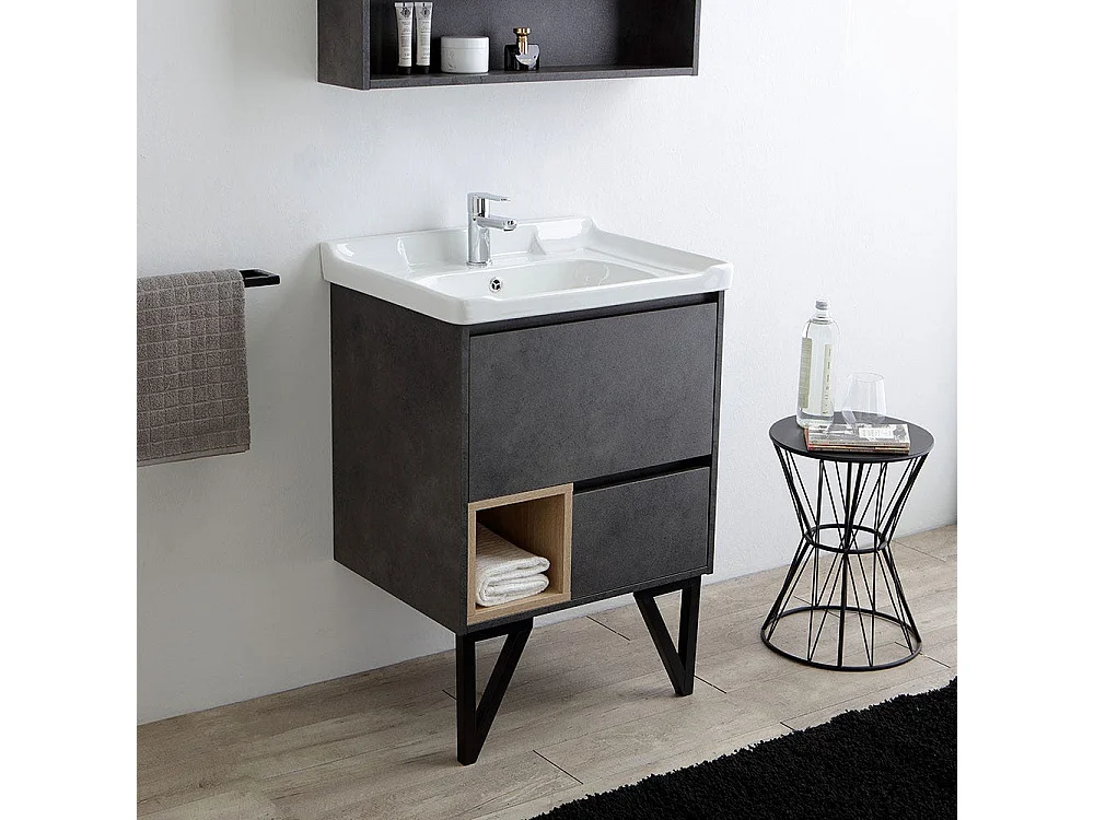 Meuble De Salle De Bain Sur Pieds Moderne 60Cm Gris Industriel Et Miroir-Armoire | Vienna