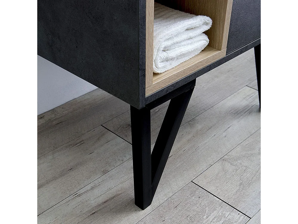 Meuble De Salle De Bain Sur Pieds Moderne 60Cm Gris Industriel Et Miroir-Armoire | Vienna