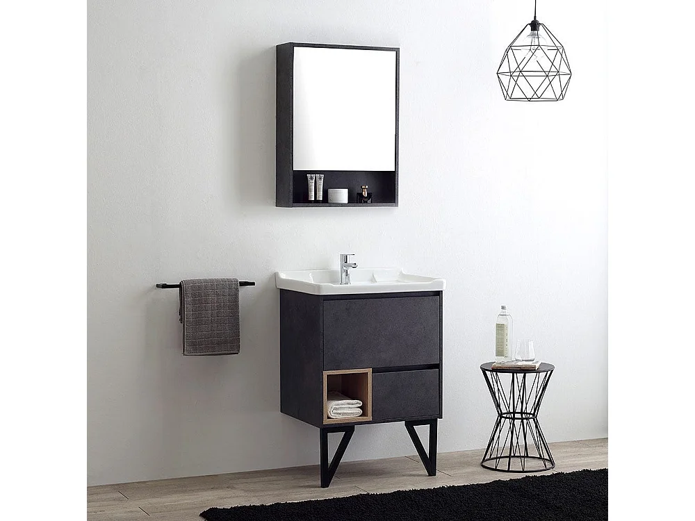Meuble De Salle De Bain Sur Pieds Moderne 60Cm Gris Industriel Et Miroir-Armoire | Vienna