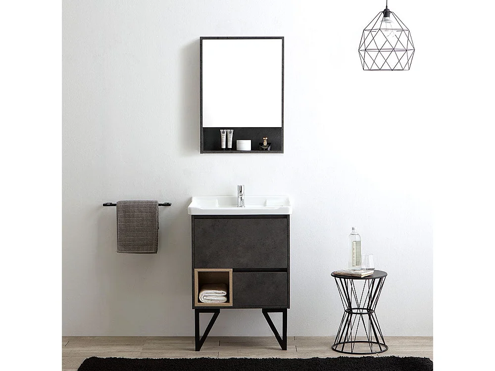 Meuble De Salle De Bain Sur Pieds Moderne 60Cm Gris Industriel Et Miroir-Armoire | Vienna