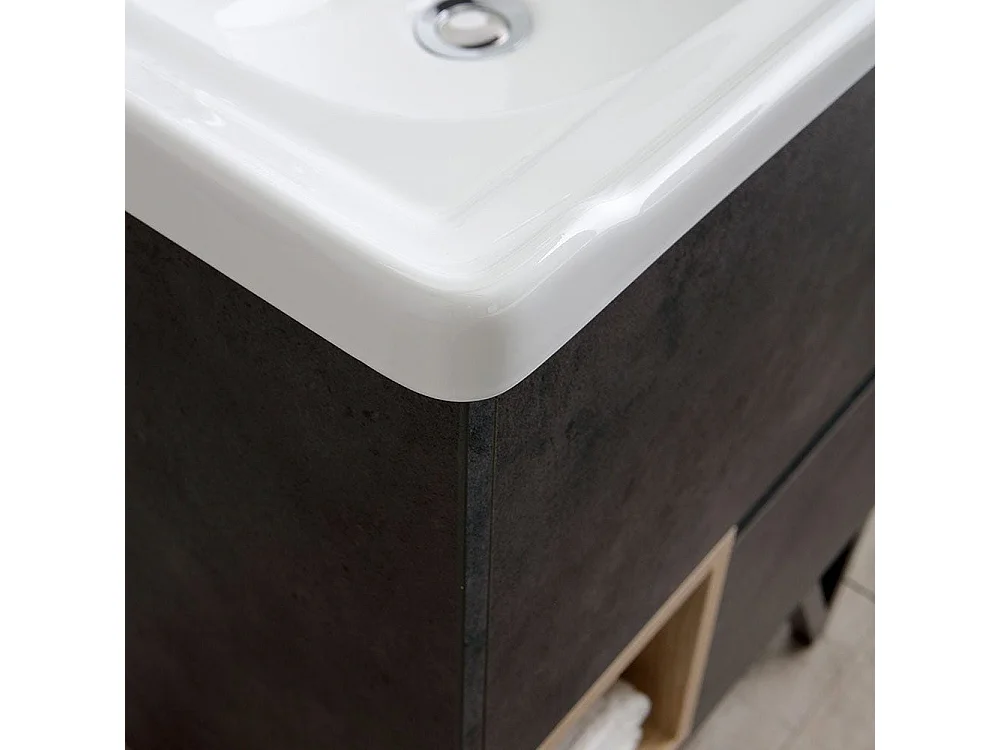 Meuble De Salle De Bain Sur Pieds Moderne 60Cm Gris Industriel Et Miroir-Armoire | Vienna