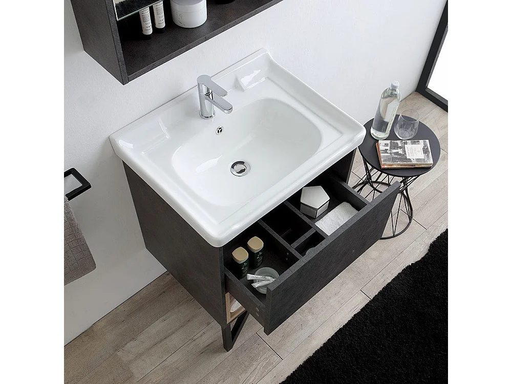 Meuble De Salle De Bain Sur Pieds Moderne 60Cm Gris Industriel Et Miroir-Armoire | Vienna