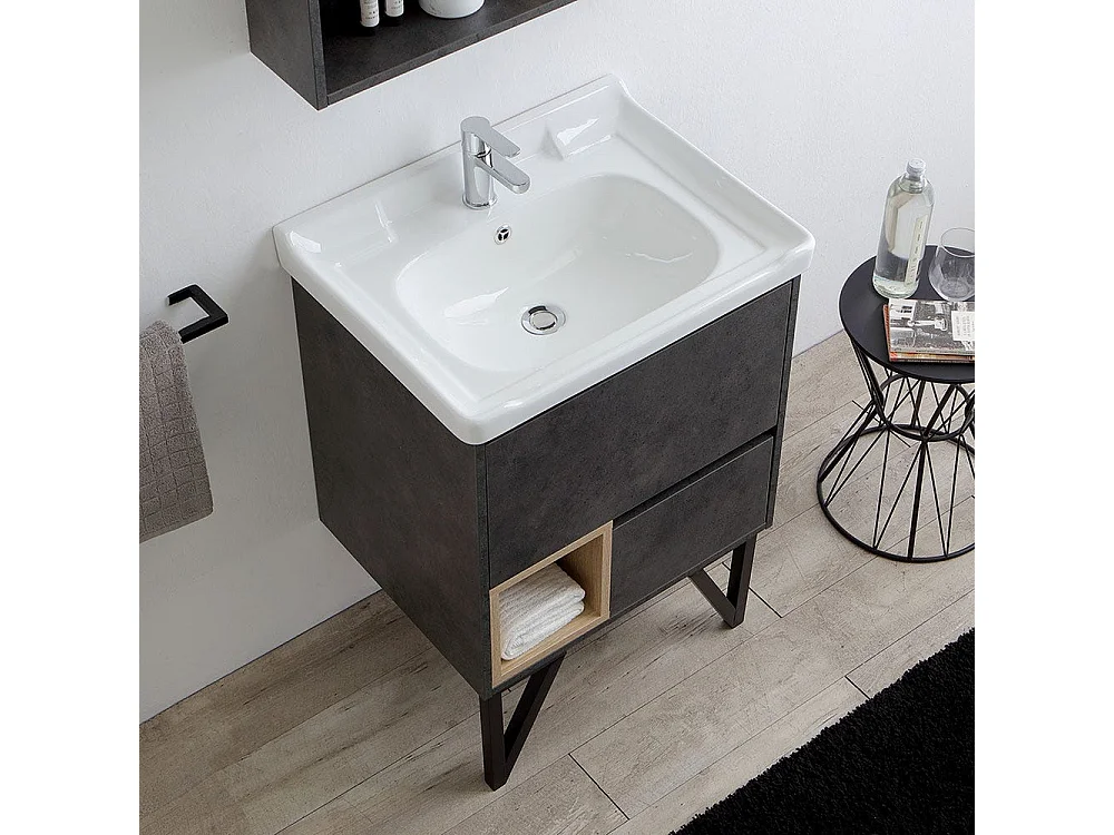 Meuble De Salle De Bain Sur Pieds Moderne 60Cm Gris Industriel Et Miroir-Armoire | Vienna