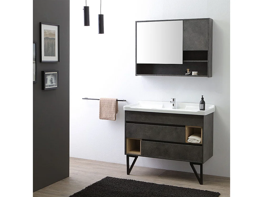 Meuble De Salle De Bain Sur Pieds 101Cm Avec Lavabo Style Industriel Miroir | Vienna