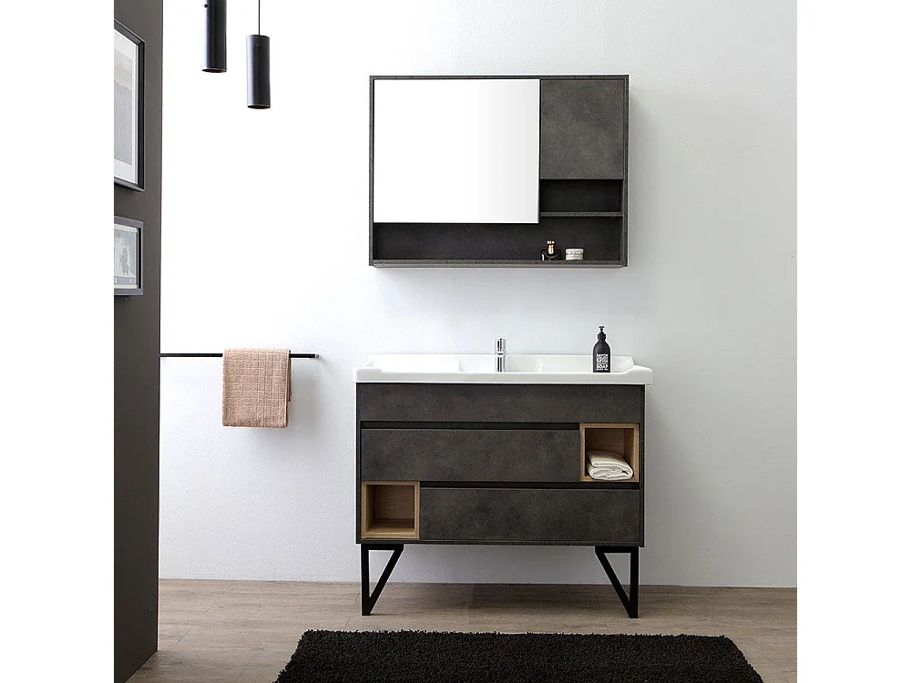 Meuble De Salle De Bain Sur Pieds 101Cm Avec Lavabo Style Industriel Miroir | Vienna