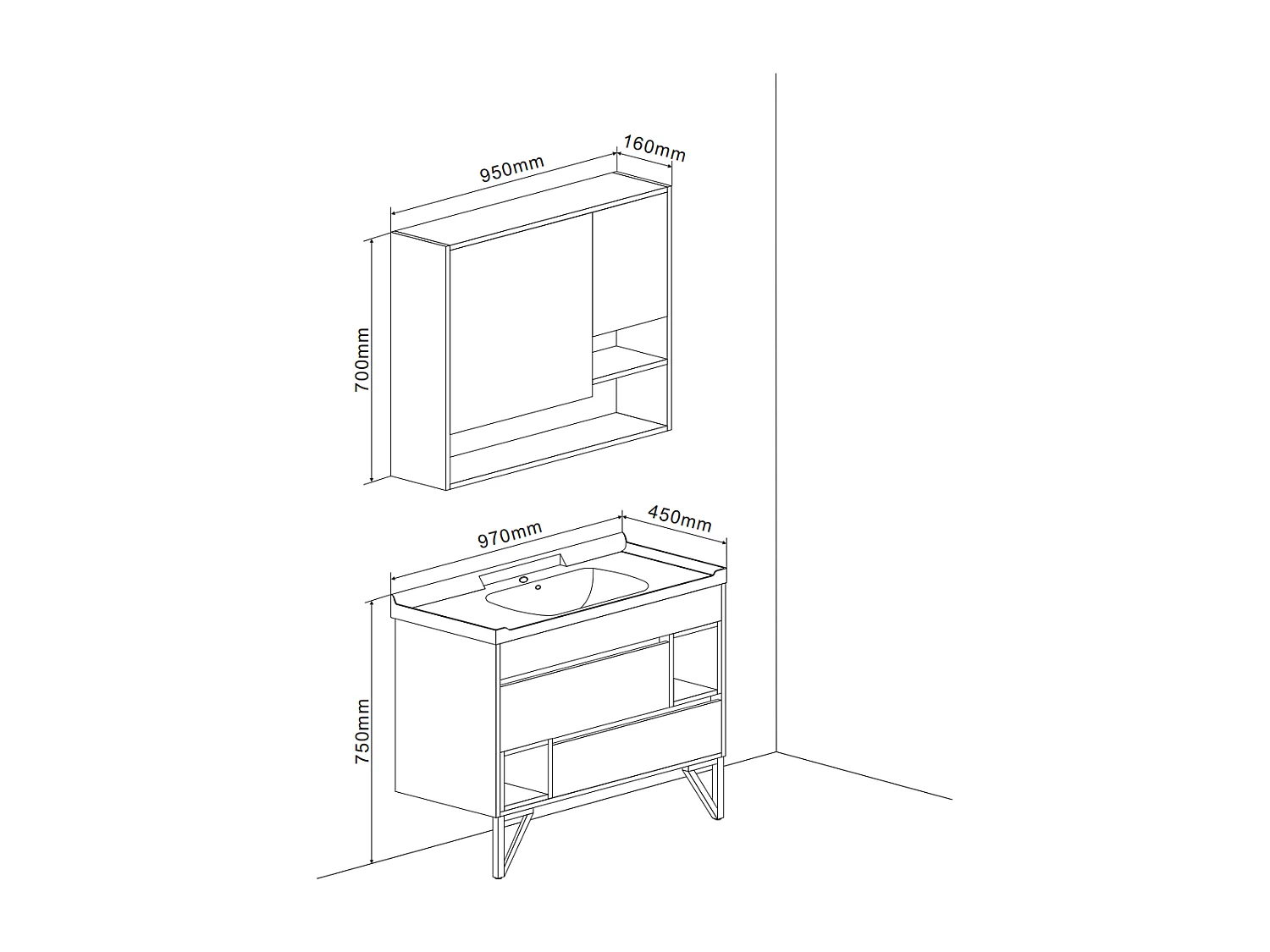 Meuble De Salle De Bain Sur Pieds 101Cm Avec Lavabo Style Industriel Miroir | Vienna