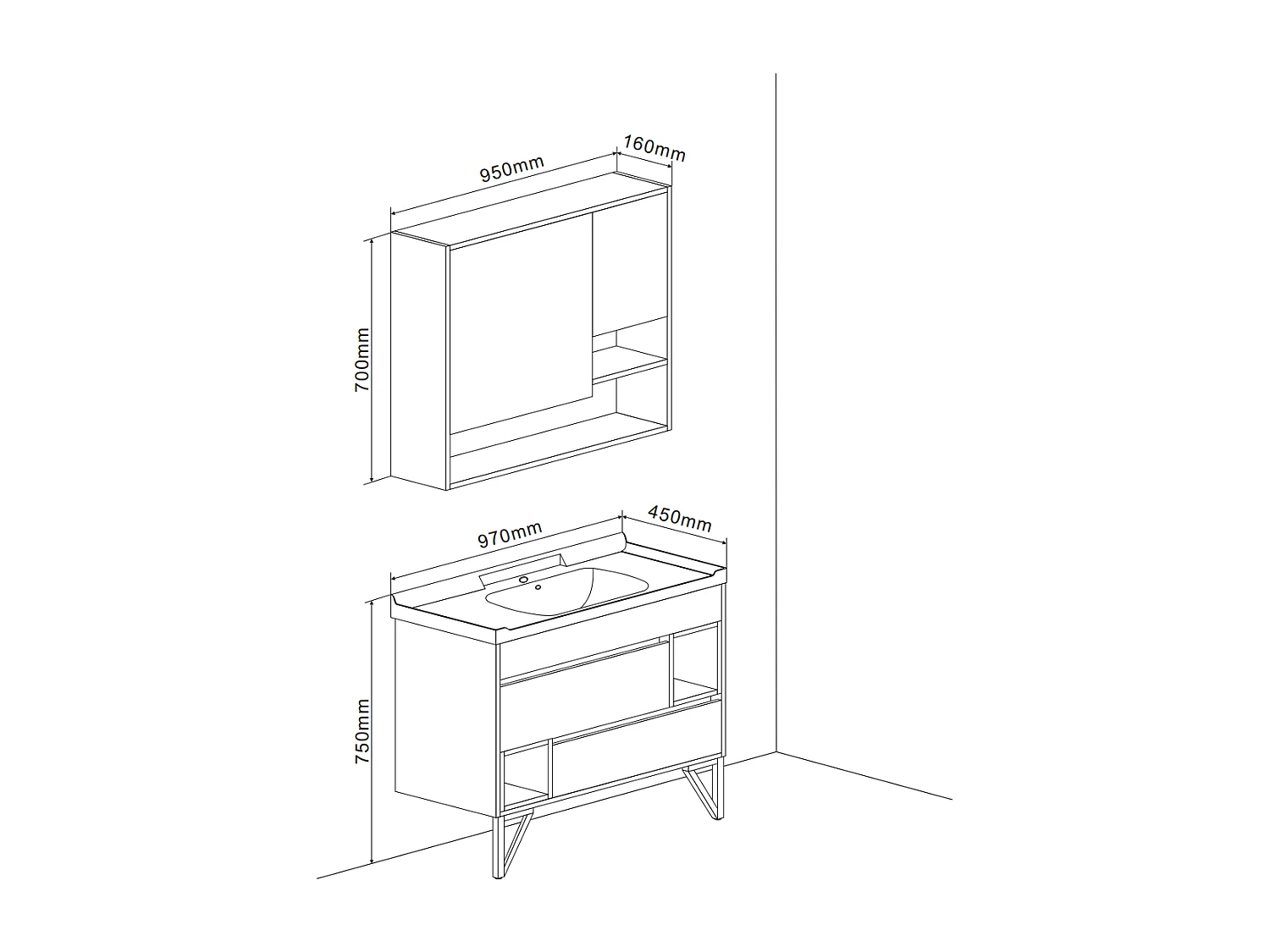 Meuble De Salle De Bain Sur Pieds 101Cm Avec Lavabo Style Industriel Miroir | Vienna
