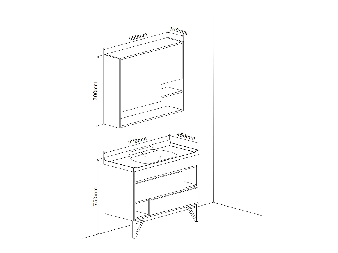 Meuble De Salle De Bain Sur Pieds 101Cm Avec Lavabo Style Industriel Miroir | Vienna