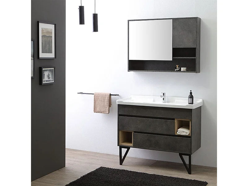Meuble De Salle De Bain Sur Pieds 101Cm Avec Lavabo Style Industriel Miroir | Vienna