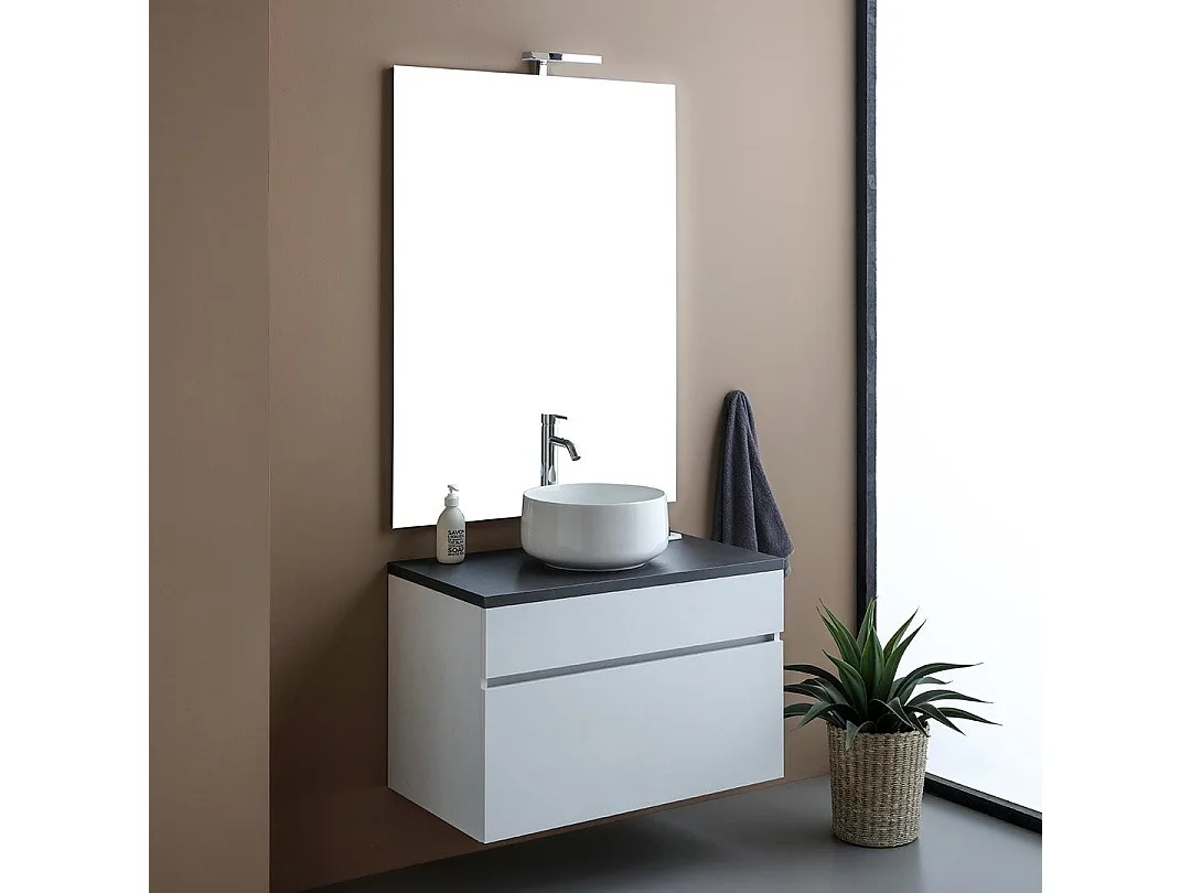 Meuble De Salle De Bains Suspendu 80Cm Blanc Avec Top Anthracite | Sole