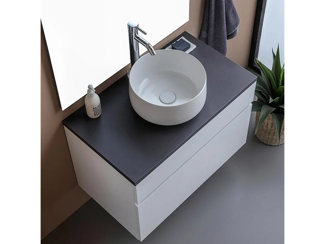 Meuble De Salle De Bains Suspendu 80Cm Blanc Avec Top Anthracite | Sole