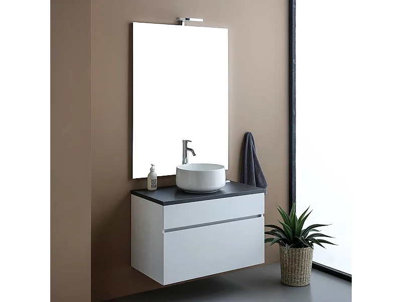 Meuble De Salle De Bains Suspendu 80Cm Blanc Avec Top Anthracite | Sole