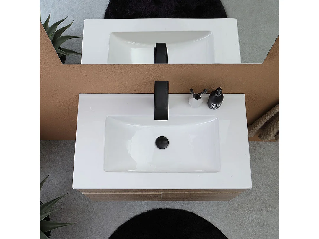 Meuble De Salle De Bains Suspendu 80Cm À 2 Portes Chêne Marron, Miroir 80X60 | Silvia