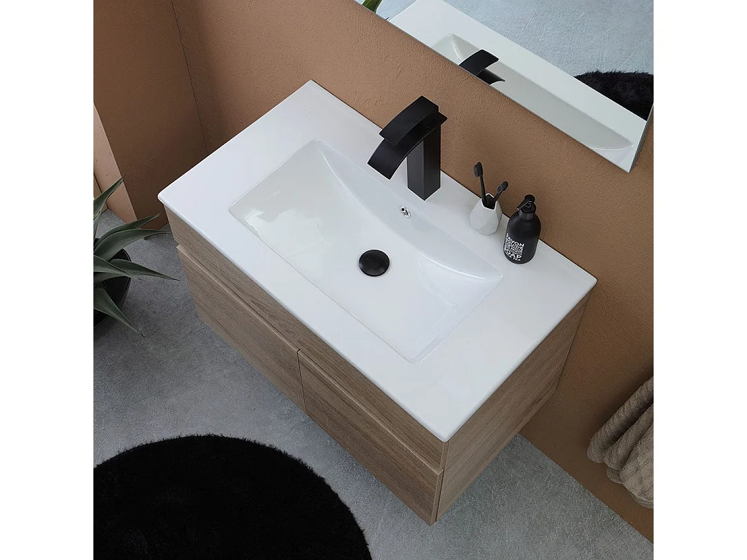 Meuble De Salle De Bains Suspendu 80Cm À 2 Portes Chêne Marron, Miroir 80X60 | Silvia