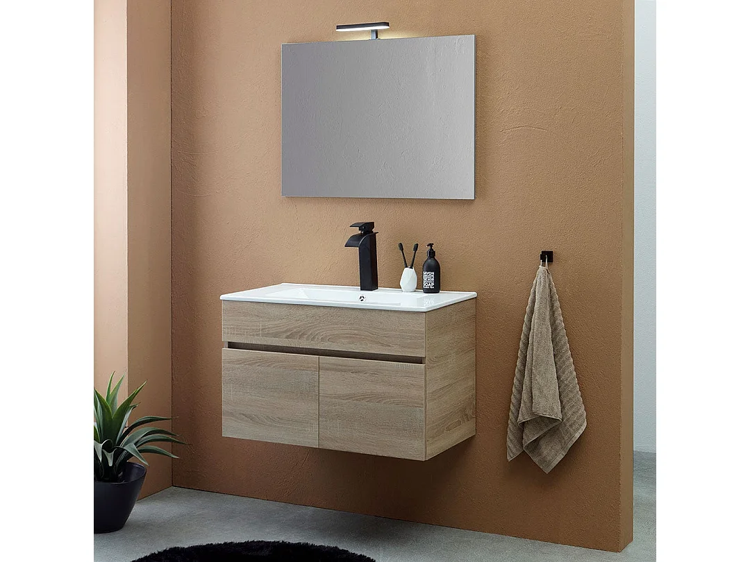 Meuble De Salle De Bains Suspendu 80Cm À 2 Portes Chêne Marron, Miroir 80X60 | Silvia