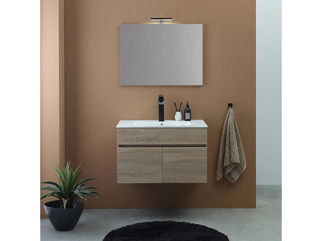 Meuble De Salle De Bains Suspendu 80Cm À 2 Portes Chêne Marron, Miroir 80X60 | Silvia
