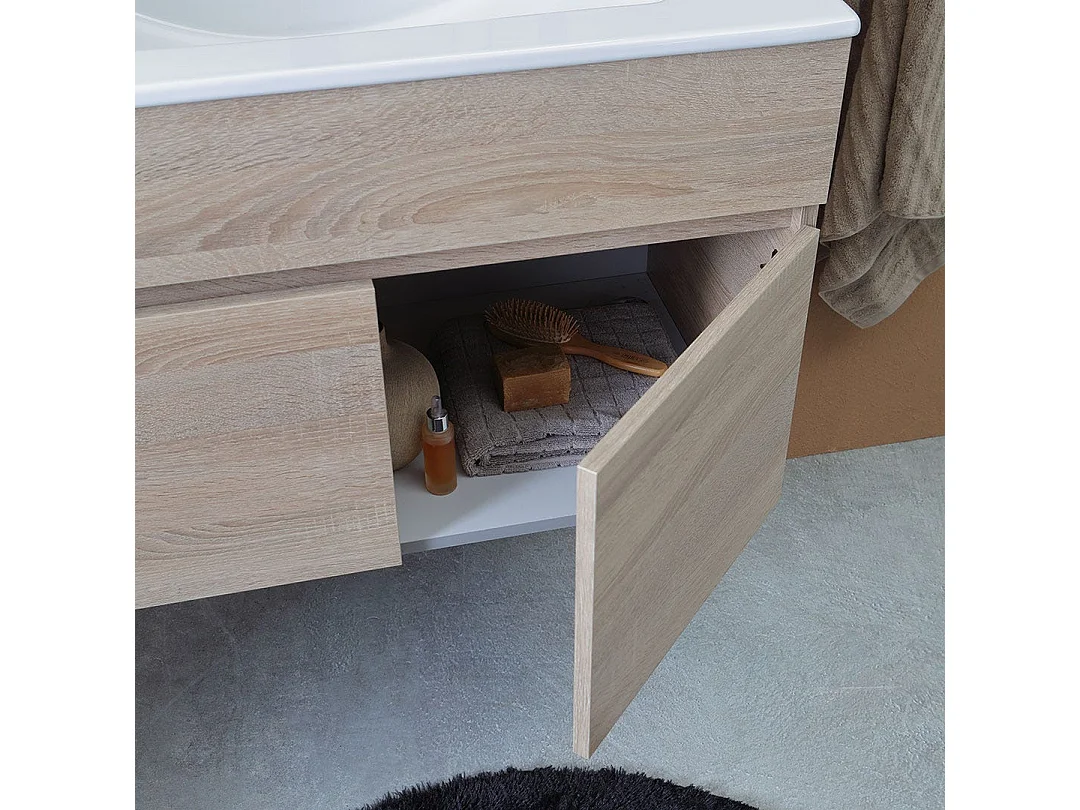 Meuble De Salle De Bains Suspendu 80Cm À 2 Portes Chêne Marron, Miroir 80X60 | Silvia