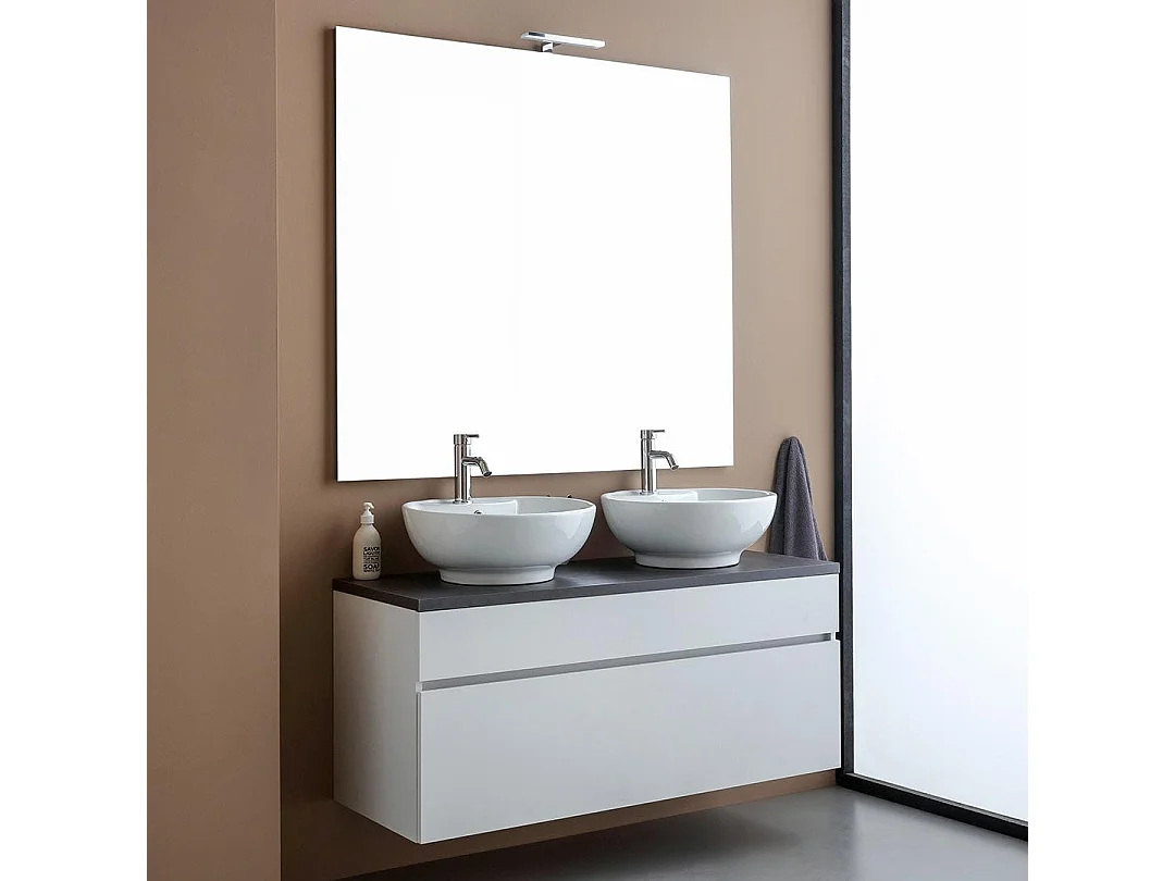 Meuble De Salle De Bains Sous-Vasque Suspendu 120Cm Blanc, Plateau Gris Et Miroir 120X110 | Sole