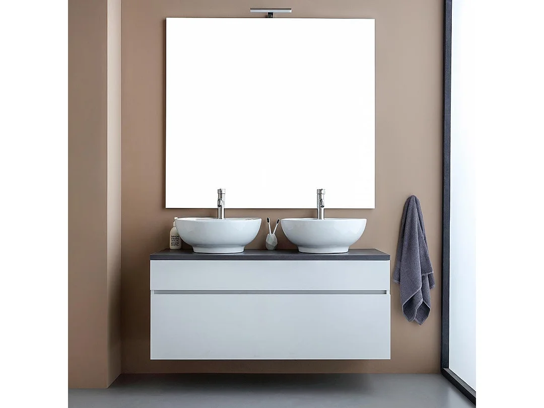 Meuble De Salle De Bains Sous-Vasque Suspendu 120Cm Blanc, Plateau Gris Et Miroir 120X110 | Sole