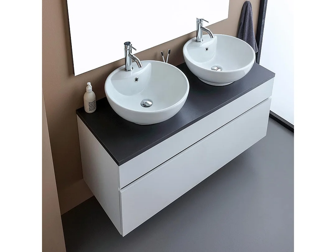Meuble De Salle De Bains Sous-Vasque Suspendu 120Cm Blanc, Plateau Gris Et Miroir 120X110 | Sole