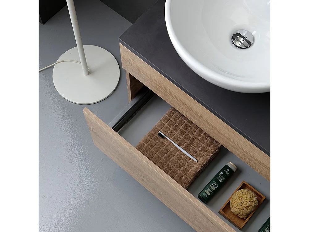 Meuble De Salle De Bains Avec Plateau En Bois Anthracite Et Miroir 120X60 | Sole