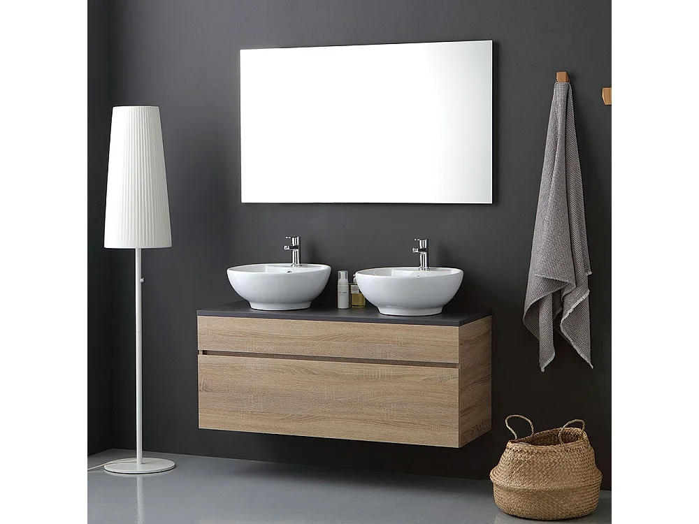 Meuble De Salle De Bains Avec Plateau En Bois Anthracite Et Miroir 120X60 | Sole