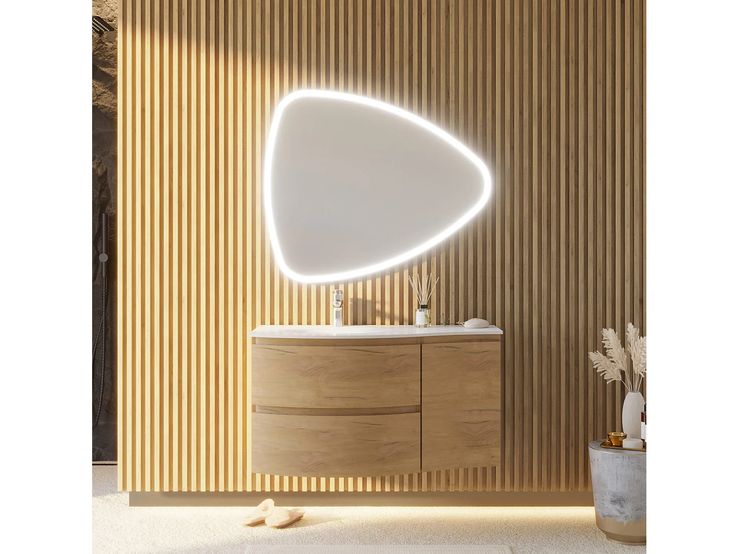 Armoire De Salle De Bains Murale Incurvée En Chêne Miel De 105 Cm Avec Miroir Rabattable | Los Angeles