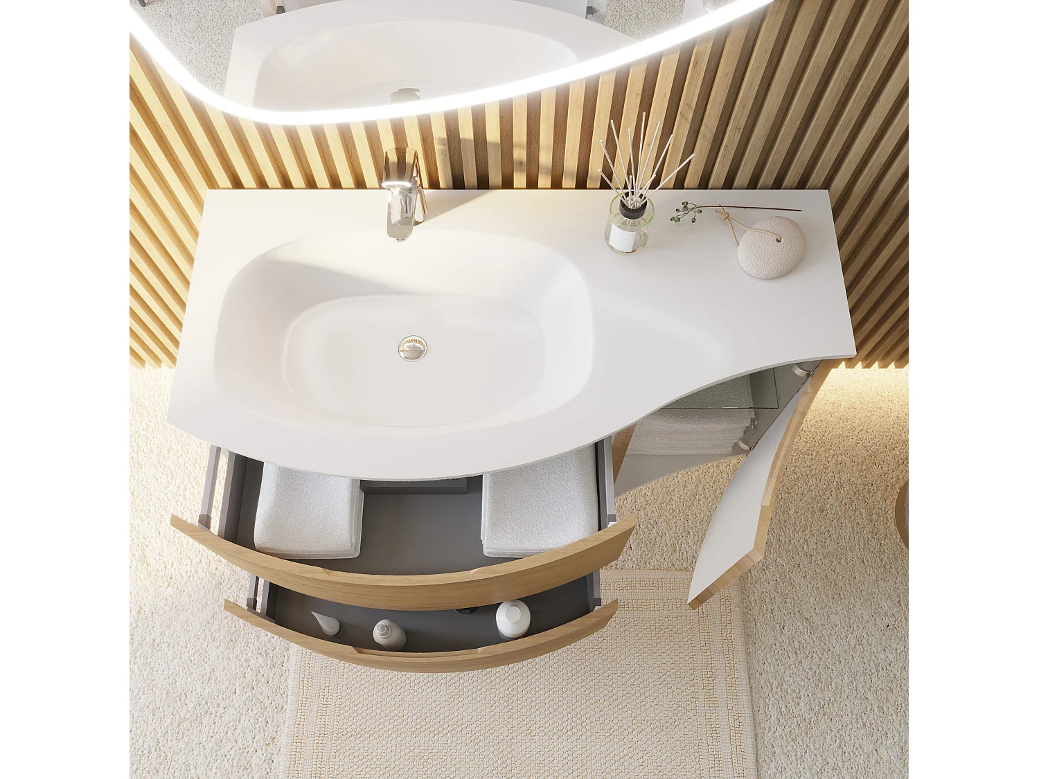 Armoire De Salle De Bains Murale Incurvée En Chêne Miel De 105 Cm Avec Miroir Rabattable | Los Angeles