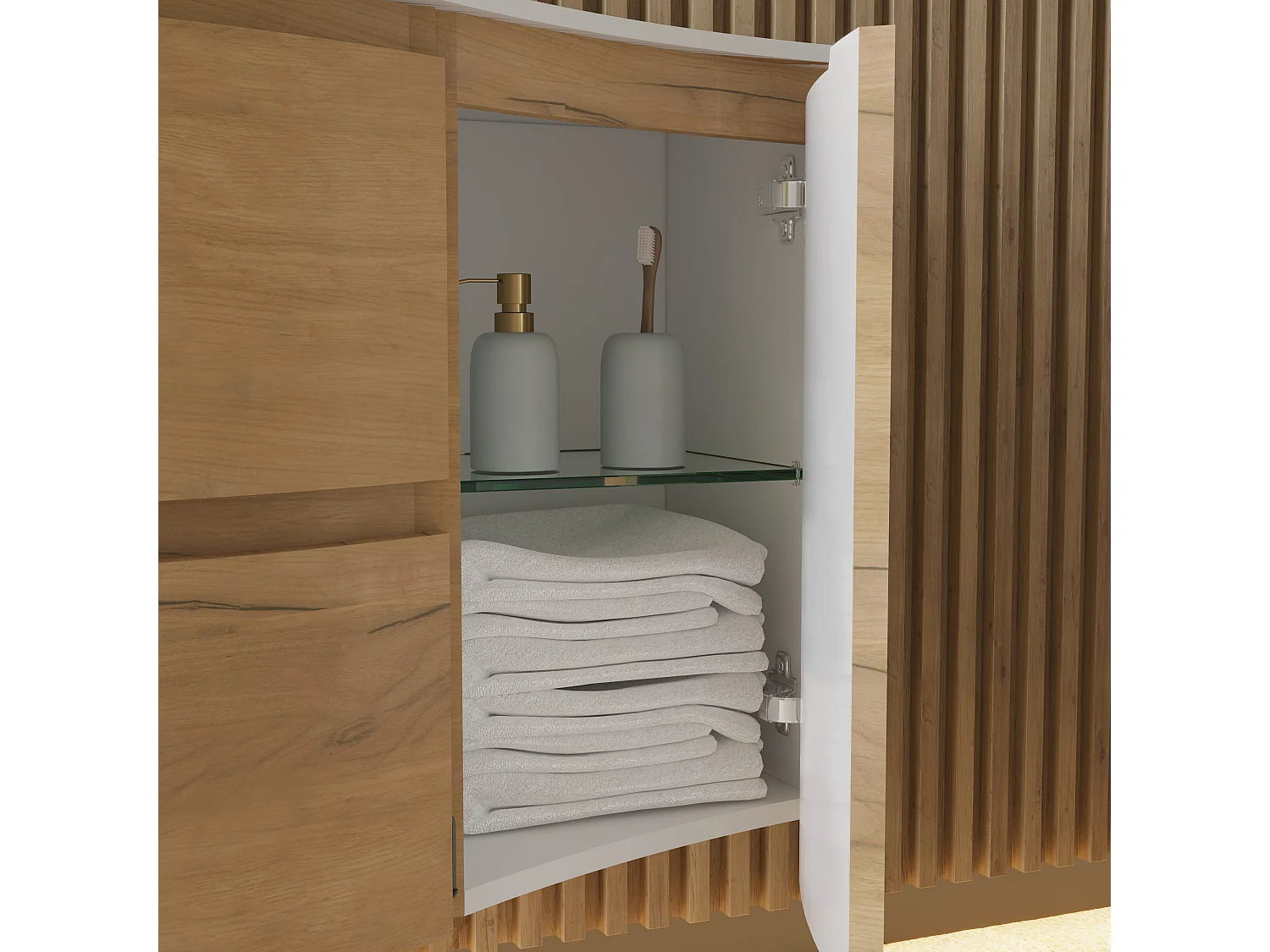 Armoire De Salle De Bains Murale Incurvée En Chêne Miel De 105 Cm Avec Miroir Rabattable | Los Angeles