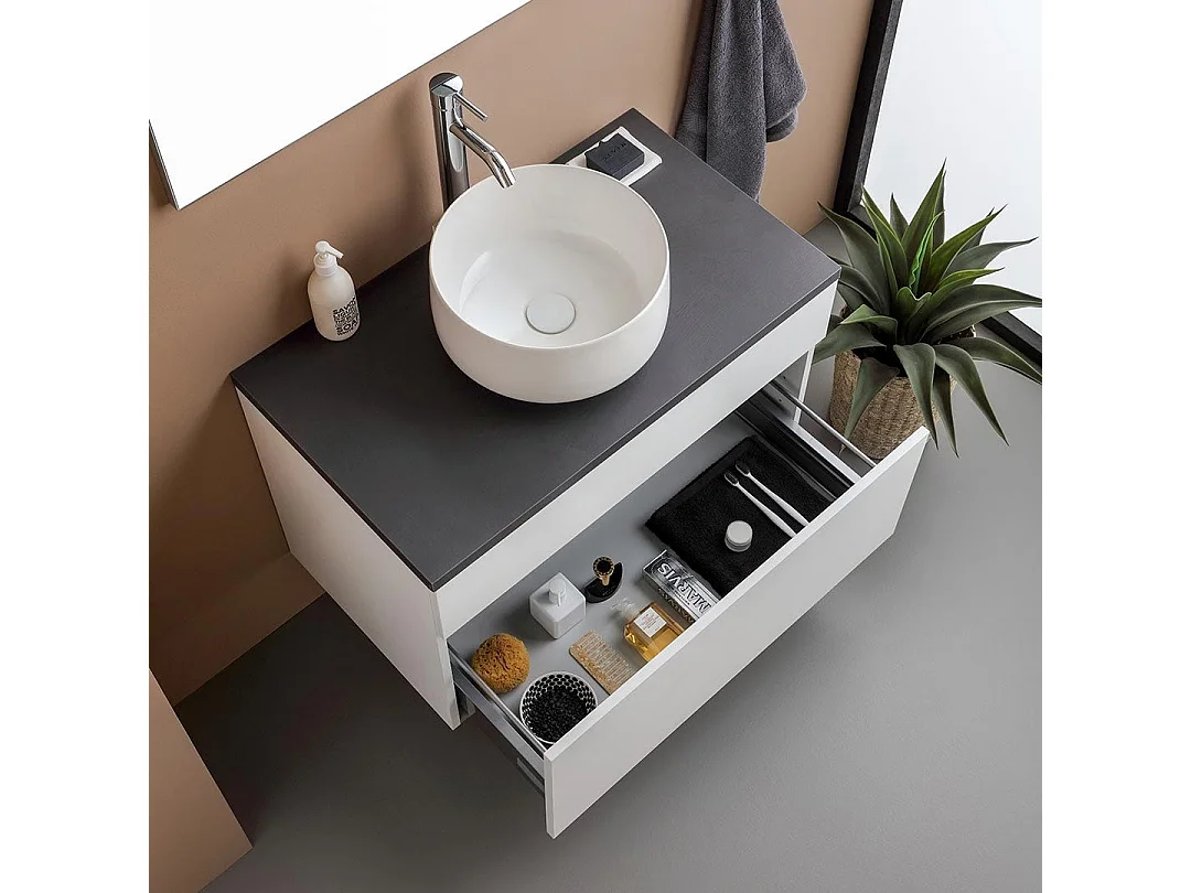 Meuble De Salle De Bains Sous Vasque 80Cm Suspendu Moderne Blanc Et Anthracite | Sole