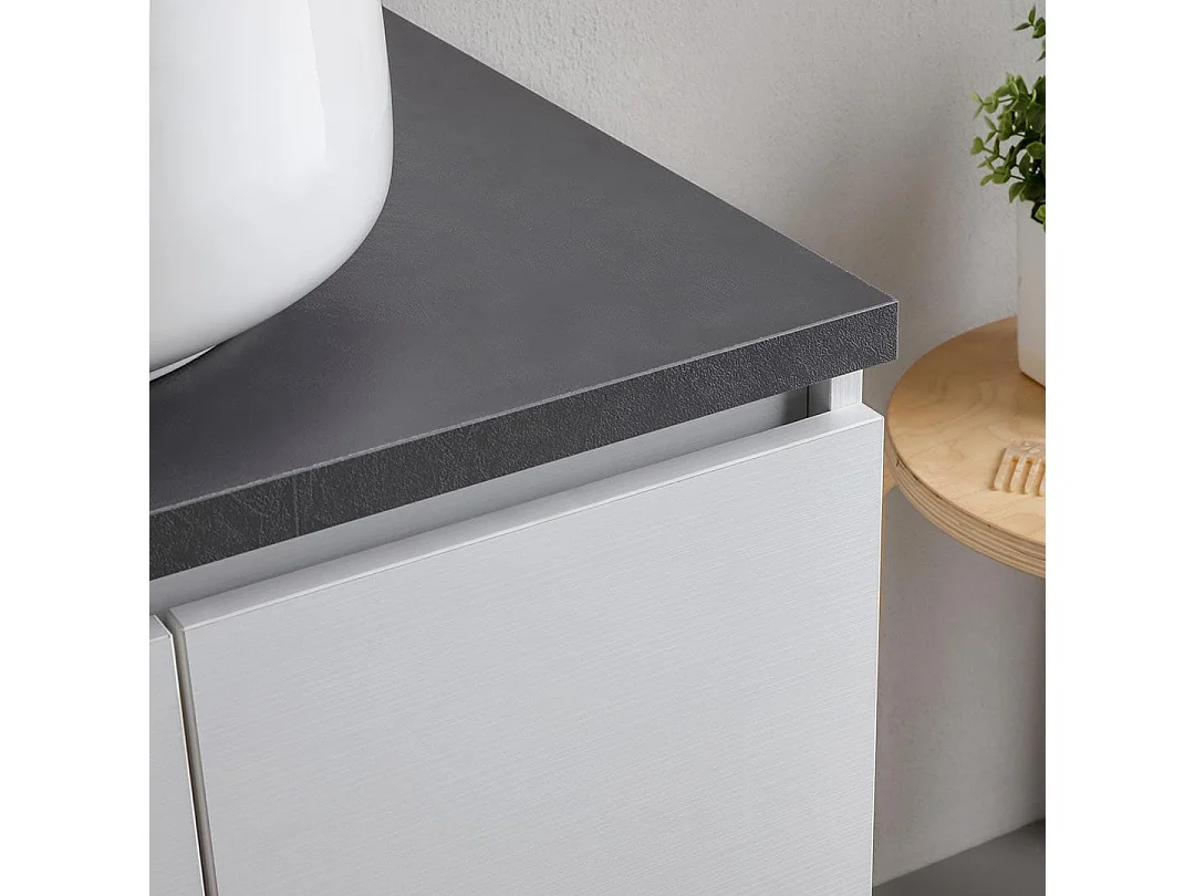 Meuble Salle De Bain 60Cm Blanc Avec Plateau Anthracite Et Miroir 60X80 | Bilbao