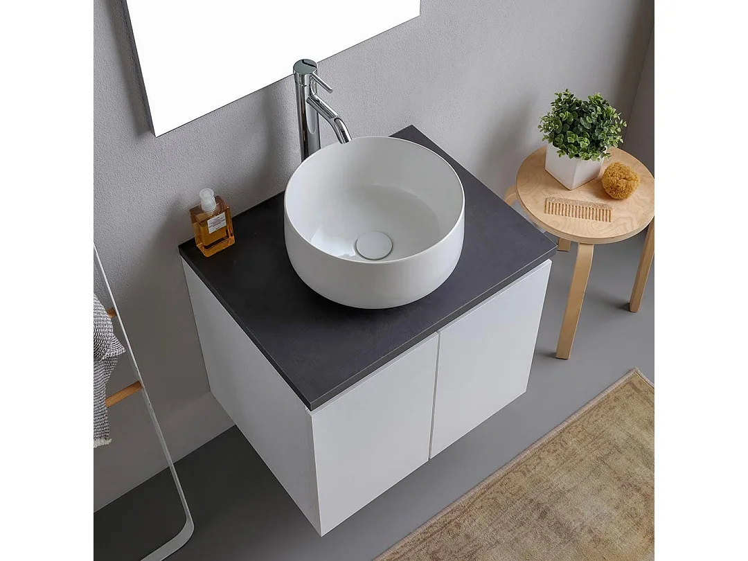 Meuble Salle De Bain 60Cm Blanc Avec Plateau Anthracite Et Miroir 60X80 | Bilbao