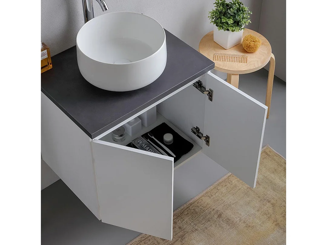 Meuble Salle De Bain 60Cm Blanc Avec Plateau Anthracite Et Miroir 60X80 | Bilbao