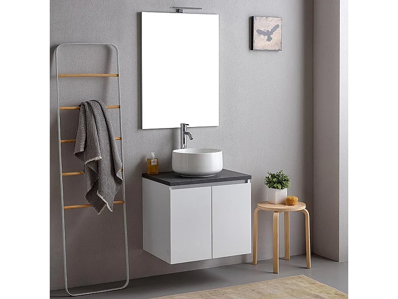 Meuble Salle De Bain 60Cm Blanc Avec Plateau Anthracite Et Miroir 60X80 | Bilbao