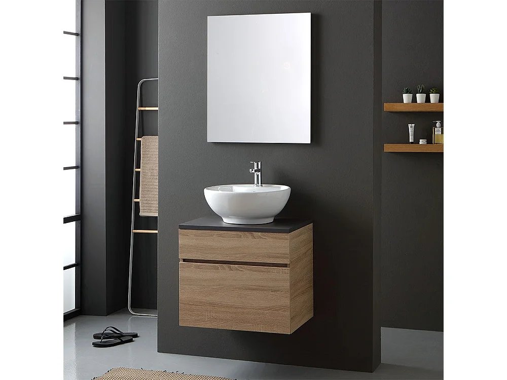 Meuble De Salle De Bains Chêne Avec Plateau En Bois Anthracite Pour Lavabo À Poser | Sole