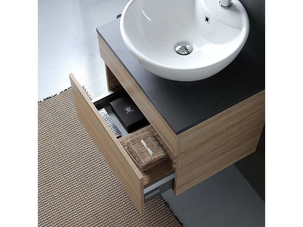 Meuble De Salle De Bains Chêne Avec Plateau En Bois Anthracite Pour Lavabo À Poser | Sole