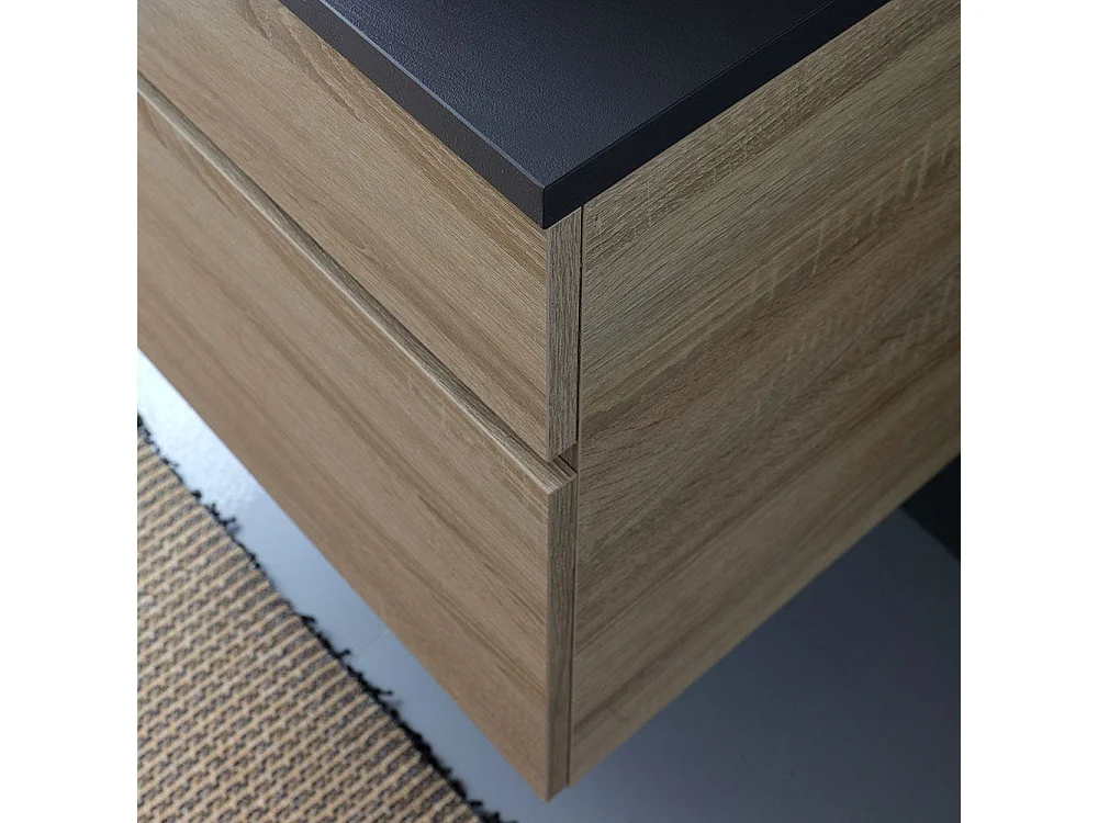 Meuble De Salle De Bains Chêne Avec Plateau En Bois Anthracite Pour Lavabo À Poser | Sole