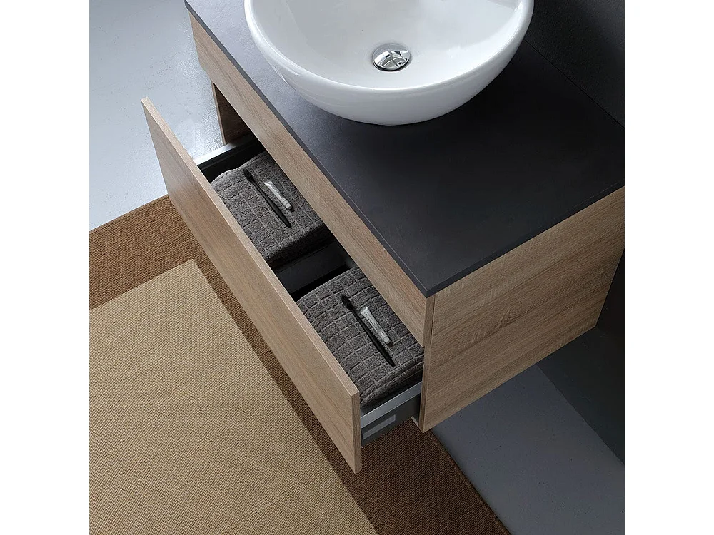 Meuble De Salle De Bains Suspendu 80Cm Avec Plateau En Bois Anthracite Pour Lavabo À Poser | Sole