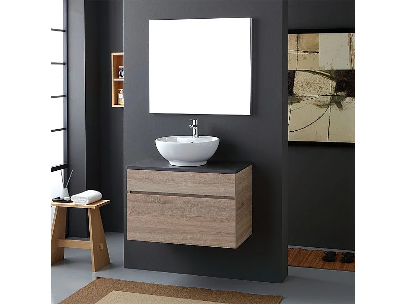 Meuble De Salle De Bains Suspendu 80Cm Avec Plateau En Bois Anthracite Pour Lavabo À Poser | Sole