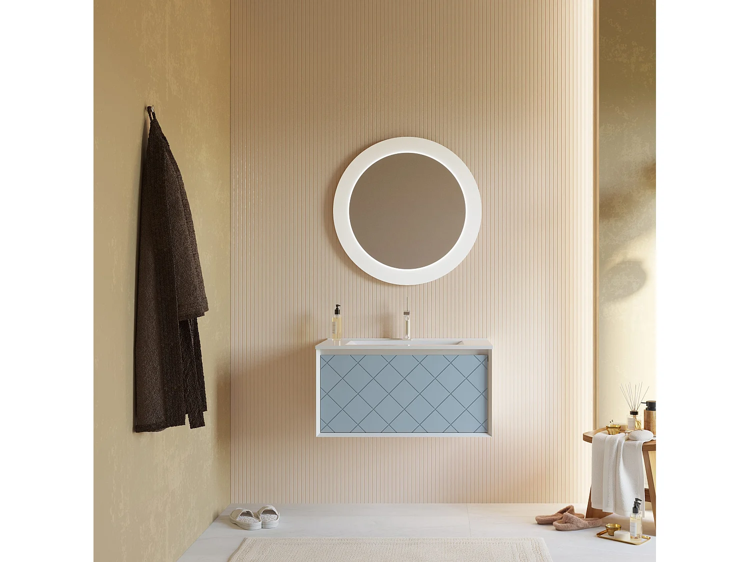 Meuble De Salle De Bain 80 Cm Bleu Clair Mat Avec Lavabo Et Miroir Rond 75 Cm | Miami